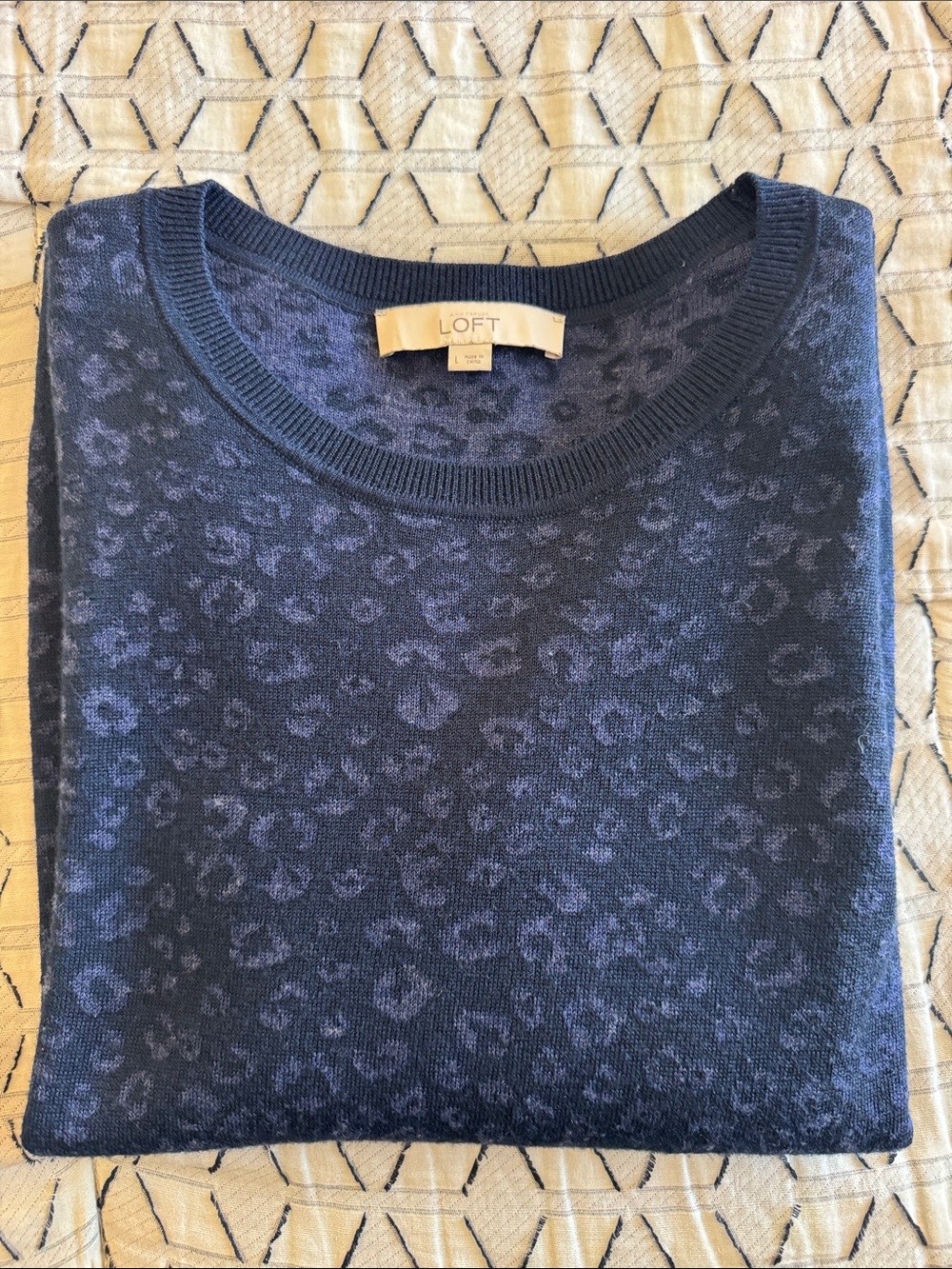 LOFT Blue Leopard Print Crewneck Wool Blend Sweater - Large